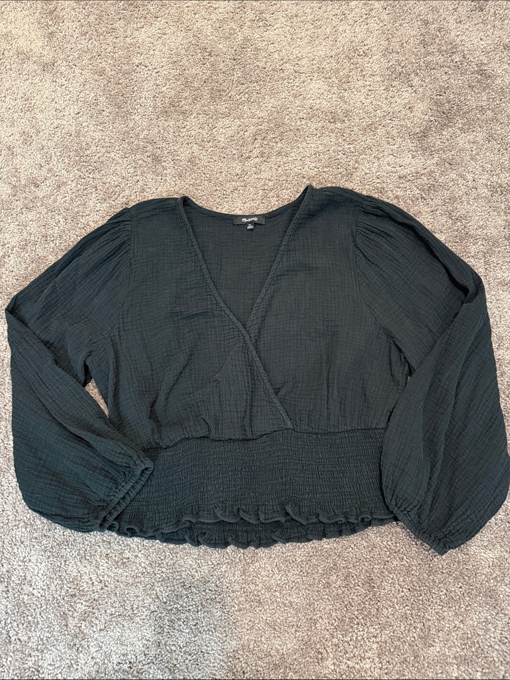 Madewell Black Smocked Wrap Blouse with Balloon Sleeves